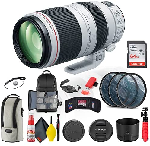 Canon EF 100-400mm f/4.5-5.6L is II USM Lens (9524B002) + Filter Kit + Backpack + 64GB Card + Card Reader + Flex Tripod + Memory Wallet + Cap Keeper + Cleaning Kit + Hand Strap + More (Renewed)
