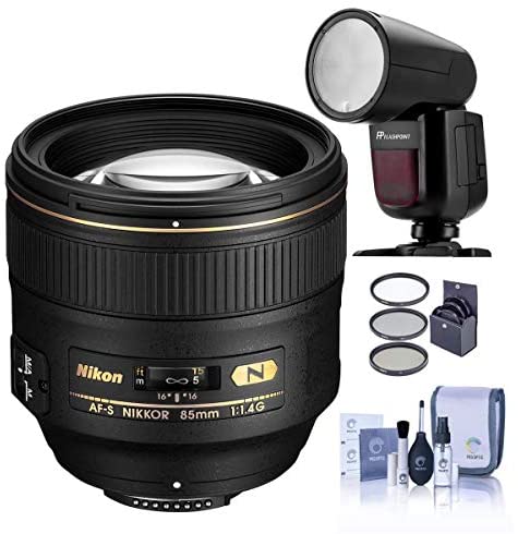 Nikon 85mm f/1.4G IF AF-S NIKKOR Lens - Bundle with Flashpoint Zoom Li-on X R2 TTL On-Camera Round Flash Speedlight, 77mm Filter Kit, Cleaning Kit
