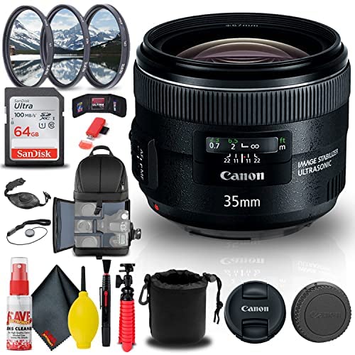 Canon EF 35mm f/2 is USM Lens (5178B002) + Filter Kit + Backpack + 64GB Card + Lens Pouch + Card Reader + Flex Tripod + Memory Wallet + Cap Keeper + Cleaning Kit + Hand Strap + More (Renewed)