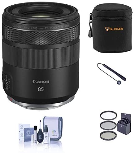 Canon RF 85mm f/2 Macro is STM Lens Bundle with Filter Pack, Case, Cleaning Kit, Lens Cap Tether