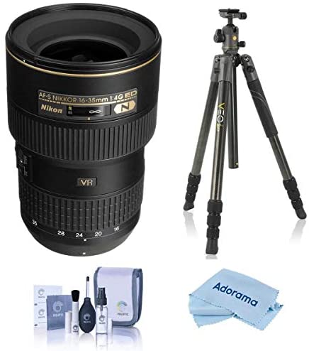 Nikon 16-35mm F/4G AF-S NIKKOR ED VR Vibration Reduction Zoom Lens - Bundle with Vanguard VEO 2 264CB 26mm 4-Sec Carbon Fiber Travel Tripod with BH-50 Ball Head, Cleaning Kit, Microfiber Cloth