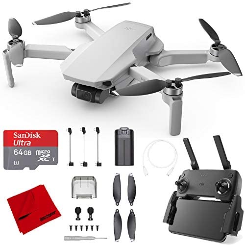 DJI Mavic Mini Quadcopter Drone (CP.MA.00000120.01) with Remote Control and 64GB High-Speed Memory Card and Microfiber Cleaning Cloth Bundle