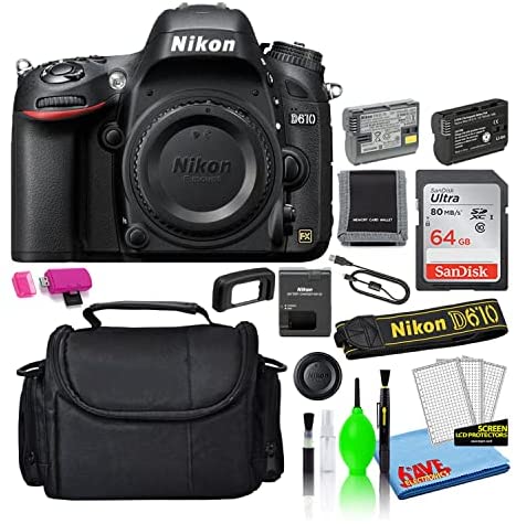 Nikon D610 24.3MP DSLR FX-Format Digital Camera (Body Only) (1540) Deluxe Bundle with 64GB SD Card + Large Camera Bag + Spare EN-EL15 Battery + Camera Cleaning Kit (Renewed)