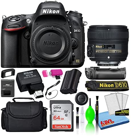 Nikon D610 24.3MP DSLR FX-Format Digital Camera with AF-S 50mm f/1.8G Lens, MBD-14 Battery Grip, WU-1b Wi-Fi Adapter (13550) Deluxe Bundle with 64GB SD Card + Large Camera Bag + Cleaning Kit (Renewed)