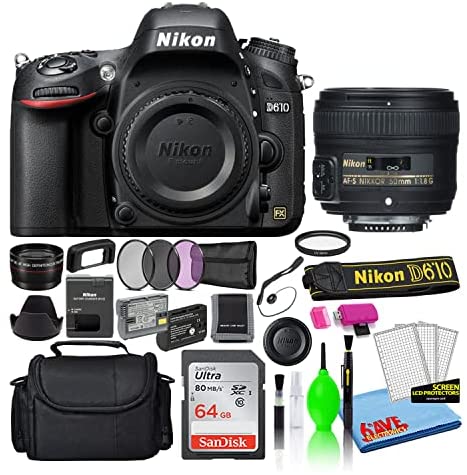 Nikon D610 24.3MP DSLR FX-Format Digital Camera with AF-S 50mm f/1.8G Lens (13550) Deluxe Bundle with 64GB SD Card + Large Camera Bag + Filter Kit + Spare EN-EL15 Battery + Telephoto Lens (Renewed)