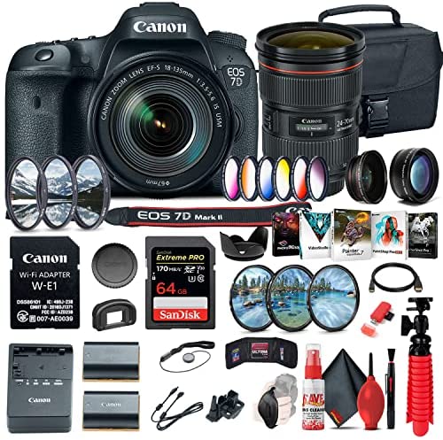Canon EOS 7D Mark II DSLR Camera with 18-135mm f/3.5-5.6 is USM Lens & W-E1 Wi-Fi Adapter (9128B135) + Canon EF 24-70mm Lens + 64GB Card + Color Filter Kit + Case + More (Renewed)