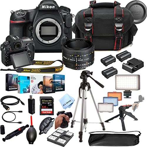 Nikon D850 DSLR Camera 45.7 MP Body W/Nikkor 50mm f/1.8D Lens- 64GB Extreme Speed Card, LED Always on Light, Tripod,Gripod, Case, and More (30pc Video Bundle)