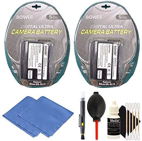 EN-EL15 Replacement Lithium-Ion Battery for Nikon D7000, D800, D820, D800E, 1 V1 DSLR Cameras (2X) + Cleaning Cloth + Dust Blower + Lens Pen + 3pc Cleaning Kit