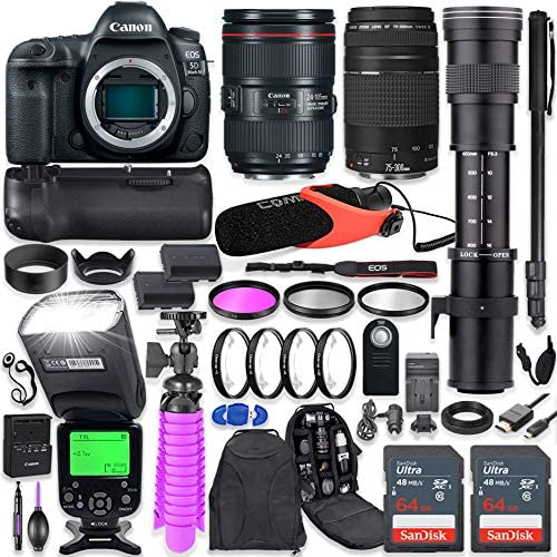 Canon EOS 5D Mark IV DSLR Camera Kit with Canon 24-105mm F/4L is II USM & 75-300mm Lenses + 420-800mm Telephoto Zoom Lens + Battery Grip + TTL Flash + Comica Mic + 128GB Memory + Accessory Bundle
