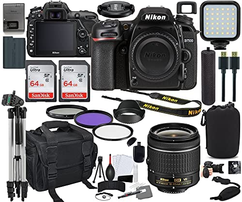 Nikon D7500 DSLR Camera with 18-55mm Lens Bundle + Prime Accessory Kit Including 128GB Memory, Light, Camera Case, Hand Grip & More