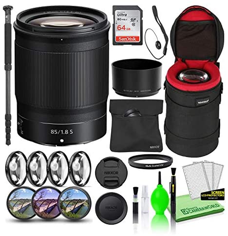 Nikon NIKKOR Z 85mm f/1.8 S Prime Lens (20090) USA Model Bundle with 64GB Ultra SDHC Memory Card + Padded Lens Case + 70-Inch Professional Monopod + 8-Piece Filter Kit (Macro, UV, CPL, FLD) + More