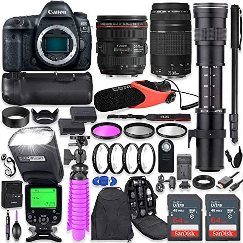 Canon EOS 5D Mark IV DSLR Camera Kit with Canon 24-70mm f/4L is USM & 75-300mm Lenses + 420-800mm Telephoto Zoom Lens + Battery Grip + TTL Flash + Comica Mic + 128GB Memory + Accessory Bundle