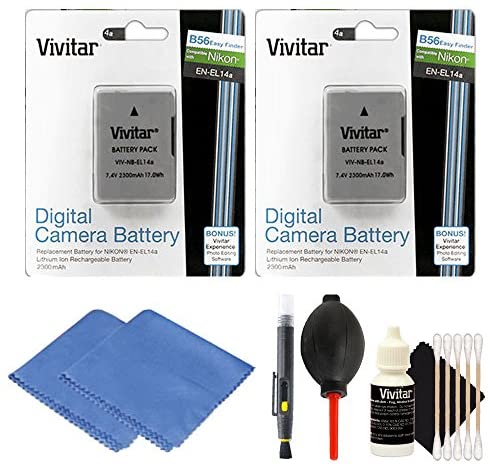 EN-EL14 Replacement Lithium-Ion Battery (2X) + Cleaning Cloth + Dust Blower + Lens Pen + 3pc Cleaning Kit