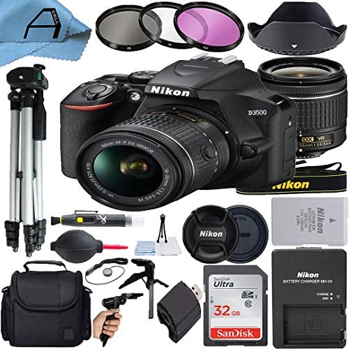Nikon D3500 DSLR Camera 24.2MP Sensor with NIKKOR 18-55mm f/3.5-5.6G VR Lens, SanDisk 32GB Memory Card, Case, 2 Pcs Tripod, 3 Pack Filters and A-Cell Accessory Bundle (Black)