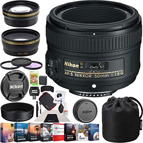 Nikon 50mm f/1.8G AF-S FX NIKKOR Lens Digital SLR Cameras Bundle with Photo and Video Professional Editing Suite, Cleaning Kit for DSLR Cameras, 58mm Filter Kit and Accessories (8 Items)