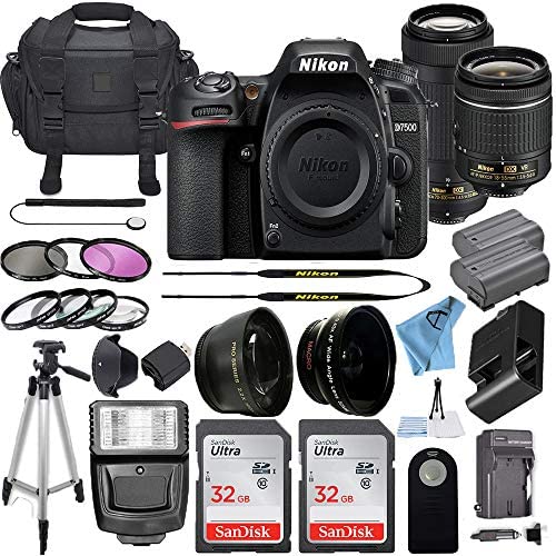 Nikon D7500 20.9MP DSLR Digital Camera w/AF-P DX NIKKOR 18-55mm f/3.5-5.6G VR Lens & AF-P DX 70-300mm f/4.5-6.3G ED Lens + 2 Pcs SanDisk 32GB Memory Card + Accessory Bundle (Black)