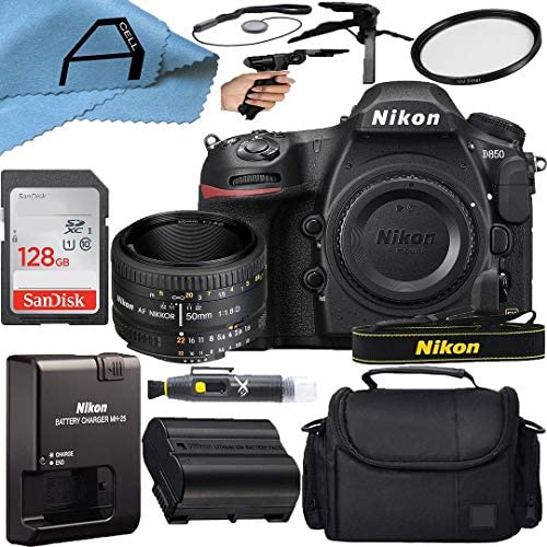 Nikon D850 DSLR Camera Body 45.7MP CMOS Sensor with AF FX NIKKOR 50mm f/1.8D Lens, SanDisk 128GB Memory Card, Case, Tripod and A-Cell Accessory Bundle (Black)