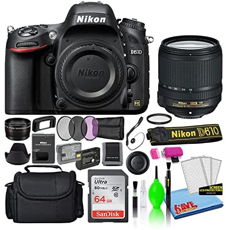 Nikon D610 24.3MP DSLR FX-Format Digital Camera with 18-140mm VR Lens (1540) Deluxe Bundle with 64GB SD Card + Large Camera Bag + Filter Kit + Spare EN-EL15 Battery + Telephoto Lens (Renewed)