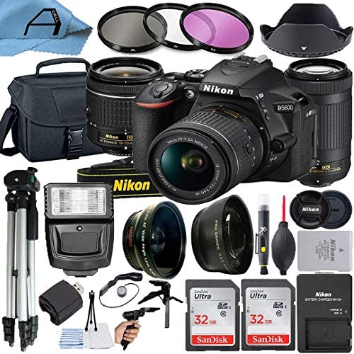 Nikon D5600 DSLR Camera 24.2MP Sensor with NIKKOR 18-55mm VR and 70-300mm Dual Lens, 2 Pack SanDisk 32GB Memory Card, Bag, Tripod, Slave Flash Light and A-Cell Accessory Bundle (Black)