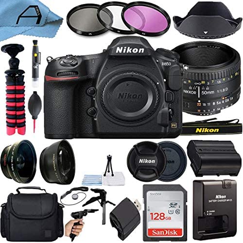 Nikon intl D850 DSLR Camera 45.7MP CMOS Sensor with AF FX NIKKOR 50mm f1.8D Lens, SanDisk 128GB Memory Card, Gadget Bag, Tripod and A-Cell Accessory Bundle (Black)