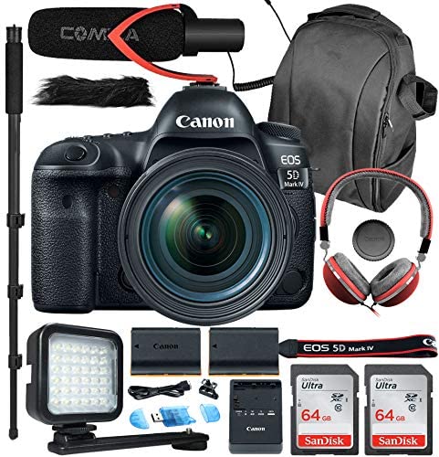 Canon EOS 5D Mark IV Full Frame DSLR Camera with 24-105mm STM Lens + 33rd Street Camera Video Bundle with 128GB Memory, Microphone, LED Light, Headset Package