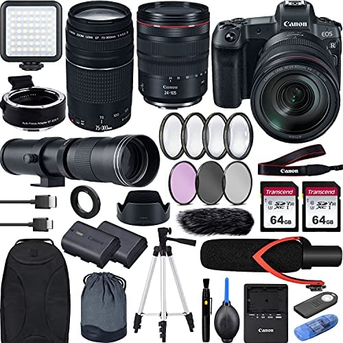 Canon EOS R with RF 24-105mm f/4 is USM Lens Mirrorless Camera Bundle + EF 75-300 is III, EF-EOS R Mount Adapter, 420-800 Telephoto, V30 Microphone, LED Light, Extra Battery, Backpack and Accessories