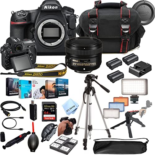 Nikon D850 DSLR Camera 45.7 MP Body W/Nikkor 50mm f/1.8G Lens- 64GB Extreme Speed Card, LED Always on Light, Tripod,Gripod, Case, and More (30pc Video Bundle)