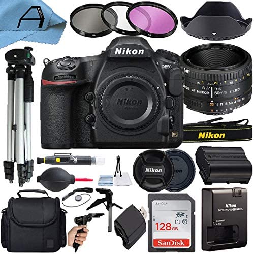 Nikon D850 DSLR Camera 45.7MP CMOS Sensor with AF FX NIKKOR 50mm f/1.8D Lens, SanDisk 128GB Memory Card, Case, Tripod, Filters and A-Cell Accessory Bundle (Black)