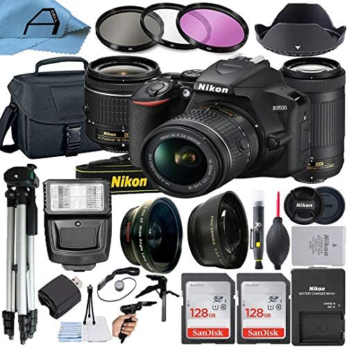 Nikon D3500 DSLR Camera 24.2MP with NIKKOR 18-55mm VR and 70-300mm Dual Lens, 2 Pack SanDisk 128GB Memory Card, Bag, Tripod, Slave Flash Light and A-Cell Accessory Bundle (Black)