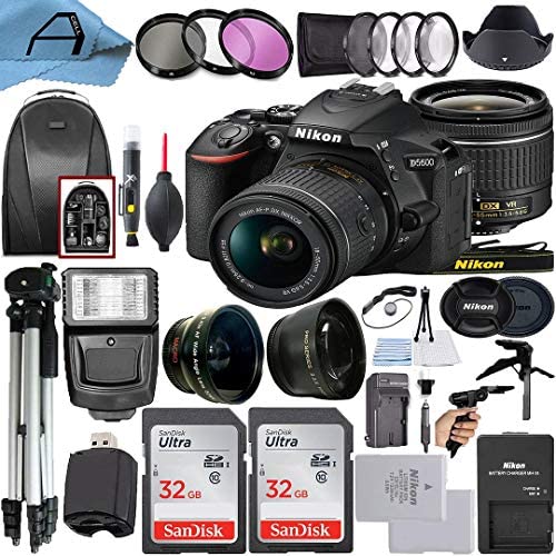 Nikon D5600 DSLR Camera 24.2MP Sensor with NIKKOR 18-55mm f/3.5-5.6G VR Len, 2 Pack SanDisk 32GB Memory Card, Backpack, Tripod, Slave Flash Light and A-Cell Accessory Bundle (Black)