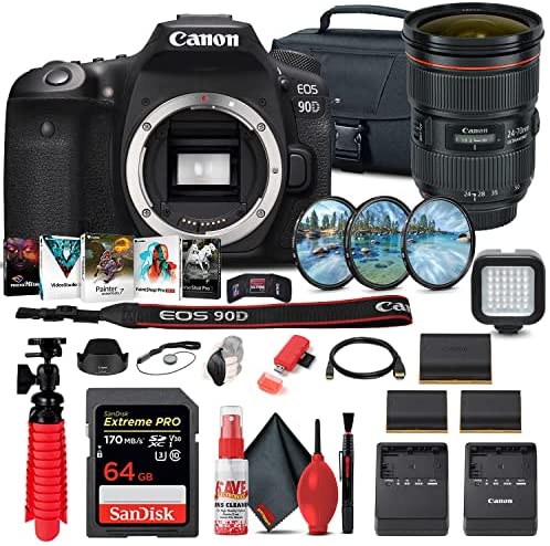 Canon EOS 90D DSLR Camera (Body Only) (3616C002) + Canon EF 24-70mm Lens + 64GB Card + Case + Filter Kit + Corel Photo Software + 2 x LPE6 Battery + Charger + Card Reader + More (Renewed)