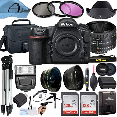 Nikon D850 DSLR Camera 45.7MP CMOS Sensor with AF FX NIKKOR 50mm f/1.8D Lens, 2 Pack SanDisk 128GB Memory Card, Padded Bag, Tripod and A-Cell Accessory Bundle (Black)