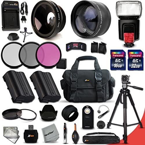 PROFESSIONAL 34 Piece 58MM Accessory Kit for Nikon D750 Nikon D7200, D7100, D7000, D810, D800, D800E, D610, D600, 1V DSLR Cameras Includes High Definition 2X Telephoto Lens + High Definition Wide Angle Lens + 2 High Capacity EN-EL15 / ENEL15 Batteries with Quick AC/DC Charger + External Flash + 32GB High Speed Memory Card + 16GB High Speed Memory Card (48GB Total) + Full Size Pro 72 Inch Tripod + Large Well Padded Case + 3 Piece Filter Set + 2 UV Protection Filters + Hard Lens Hoods + Rubber Lens Hood + External Remote Control + Universal Card Reader + Mini Table Tripod + Memory Case Holder + Screen Protectors + Mini Blower + Cleaning Pen + Lens Cap Holder + Deluxe Cleaning Kit + Ultra Fine HeroFiber Cleaning Cloth