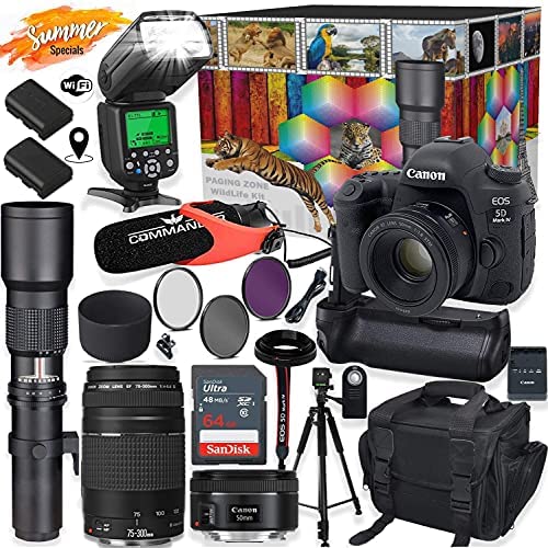 Canon EOS 5D Mark IV DSLR Camera with 50mm f/1.8 & 75-300mm III Lens + 500mm Preset Telephoto Wildlife Bundle