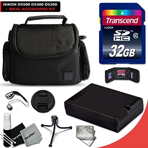 Nikon D5500 D5300 D5200 D5100 Accessory KIT with 32GB High-Speed Memory Card, High-Capacity EN-EL14 / ENEL14 Battery, Well Padded Case, Memory Card Wallet Holder, 2 Screen Protectors, Mini Table Tripod, Lens Cap Keeper + Deluxe Cleaning Kit.