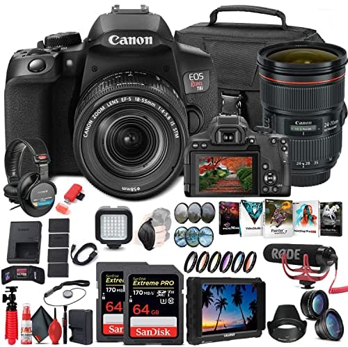 Canon EOS Rebel T8i DSLR Camera with 18-55mm Lens (3924C002) + 4K Monitor + Canon EF 24-70mm Lens + Pro Mic + Pro Headphones + 2 x 64GB Card + Color Filter Kit + Case + Filter Kit + More (Renewed)