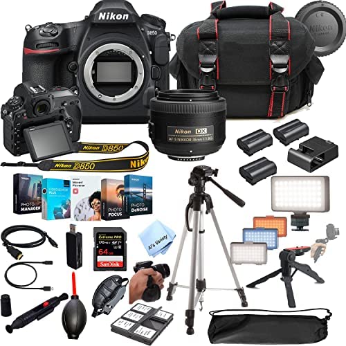 Nikon D850 DSLR Camera 45.7 MP Body W/Nikkor 35mm f/1.8G Lens- 64GB Extreme Speed Card, LED Always on Light, Tripod,Gripod, Case, and More (30pc Video Bundle)