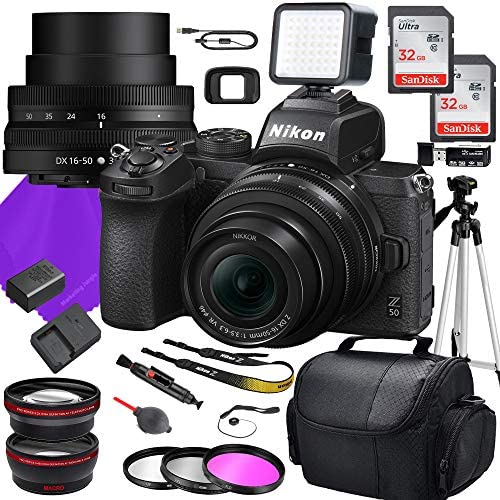 Nikon Z50 DX Mirrorless Camera with NIKKOR Z DX 16-50mm f/3.5-6.3 VR Lens + 64GB Memory + Tripod + Accessory Bundle (22 Total Pieces)