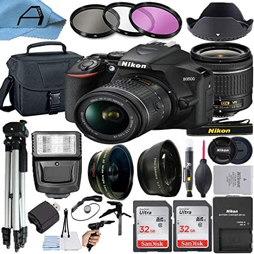 Nikon D3500 DSLR Camera 24.2MP Sensor with NIKKOR 18-55mm f/3.5-5.6G VR Lens, 2 Pack SanDisk 32GB Memory Card, Bag, Tripod, Slave Flash Light and A-Cell Accessory Bundle (Black)