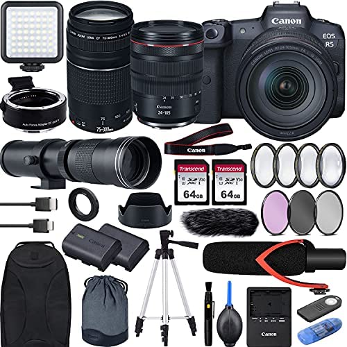 Canon EOS R5 with RF24-105mm f/4 is USM Lens Mirrorless Camera Bundle + EF75-300 is III, EF-EOS R Mount Adapter, 420-800 Telephoto, V30 Microphone, LED Light, Extra Battery, Backpack and Accessories
