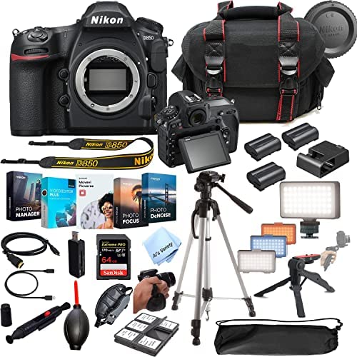 Nikon D850 DSLR Camera 45.7 MP Body (No Lens)- 64GB Extreme Speed Card, LED Always on Light, Tripod,Gripod, Case, and More (30pc Video Bundle)