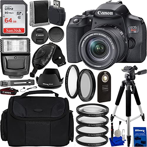 Canon EOS Rebel T8i DSLR Camera with 18-55mm Lens Advanced Bundle. Includes: 64GB SDXC Memory Card, Digital Slave Flash, Wireless Shutter Release, 57” Pro Tripod, Carrying Case, & Much More.