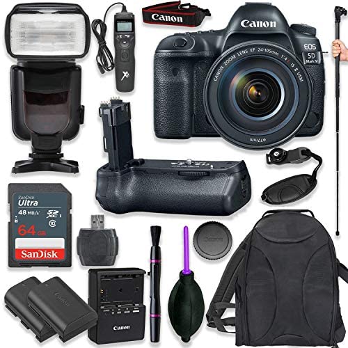 Canon EOS 5D Mark IV Full Frame Digital SLR Camera with EF 24-105mm f/4L is II USM Lens with Pro Camera Battery Grip, Professional TTL Flash, Deluxe Backpack, Spare LP-E6 Battery (17 Items) Canon EOS 5D Mark IV Full Frame Digital SLR Camera with EF 24-105mm f/4L is II USM Lens with Pro Camera Battery Grip, Professional TTL Flash, Deluxe Backpack, Spare LP-E6 Battery (17 Items)