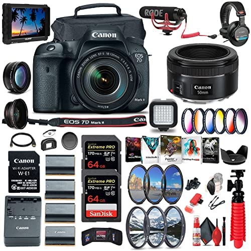 Canon EOS 7D Mark II DSLR Camera with 18-135mm f/3.5-5.6 is USM Lens & W-E1 Wi-Fi Adapter (9128B135) + 4K Monitor + Canon EF 50mm Lens + Mic + Headphones + 2 x 64GB Card + More (Renewed)