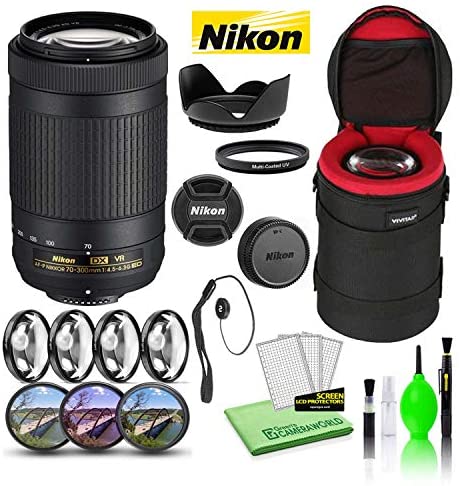 Nikon AF-P DX NIKKOR 70-300mm f/4.5-6.3G ED VR Lens (20062) Bundle Package with Padded Lens Case + Macro Filter Kit + UV, CPL, FL Lens Filters + Tulip Hood + Lens Cap Keeper + Cleaning Kit