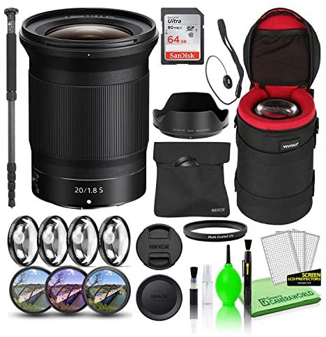 Nikon NIKKOR Z 20mm f/1.8 S Prime Lens (20093) USA Model Bundle with 64GB Ultra SDHC Memory Card + Padded Lens Case + 70-Inch Professional Monopod + 8-Piece Filter Kit (Macro, UV, CPL, FLD) + More