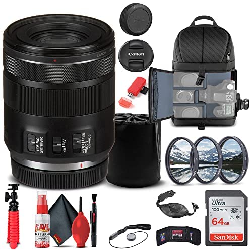 Canon RF 85mm f/2 Macro is STM Lens (4234C002) + Filter Kit + Backpack + 64GB Card + Lens Pouch + Card Reader + Flex Tripod + Memory Wallet + Cap Keeper + Cleaning Kit + Hand Strap + More (Renewed)