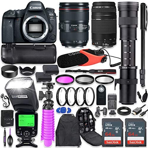 Canon EOS 6D Mark II DSLR Camera Kit with Canon 24-105mm F/4L is II USM & 75-300mm Lenses + 420-800mm Telephoto Zoom Lens + Battery Grip + TTL Flash + Comica Mic + 128GB Memory + Accessory Bundle