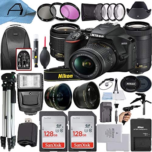 Nikon D3500 DSLR Camera 24.2MP with NIKKOR 18-55mm VR and 70-300mm Dual Lens, 2 Pack SanDisk 128GB Memory Card, Backpack, Tripod, Slave Flash Light and A-Cell Accessory Bundle (Black)