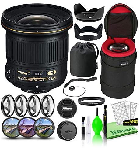 Nikon AF-S NIKKOR 20mm f/1.8G ED Prime Lens (20051) Bundle Package with Padded Lens Case + Macro Filter Kit + UV, CPL, FL Lens Filters + Tulip Hood + Lens Cap Keeper + Lens Cleaning Kit